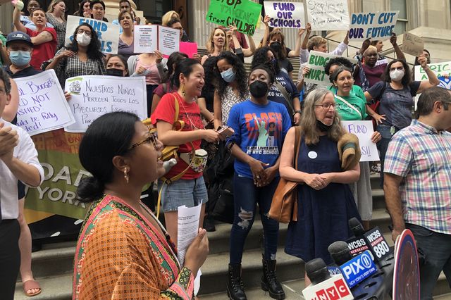 City Council member Shahana Hanif rallied with parents and other Council members outside the Department of Education's main offices in Manhattan on Monday in opposition to cuts to school budgets.